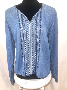 Vintage Agapo Womens Embroidered Chambray Pullover Tunic Size L
